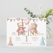 Twins Bear y Erster Geburtstag Einladung (Stehend Vorderseite)