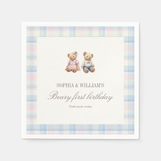 Twins Beary First Birthday Napkins | Pink Blue Serviette (Vorderseite)