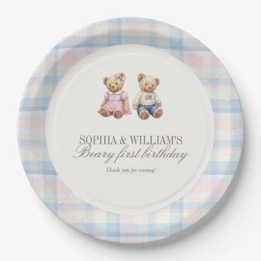 Twins Beary First Teddy Bear Birthday Plates Pappteller (Vorderseite)
