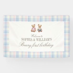 Twins Beary First Teddybär Geburtstagsbanner Banner