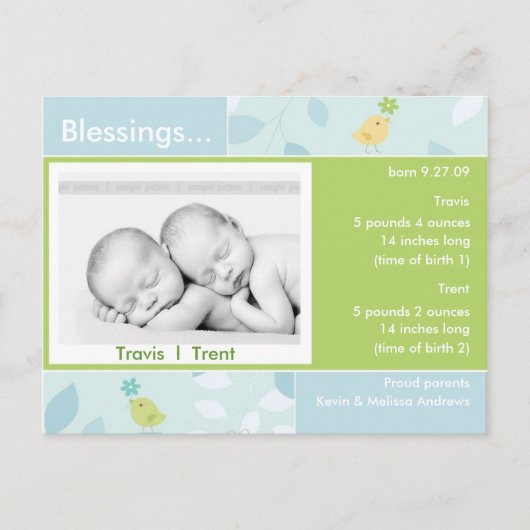 Twins Birth Announction Foto-Karte Ankündigungspostkarte (Vorderseite)
