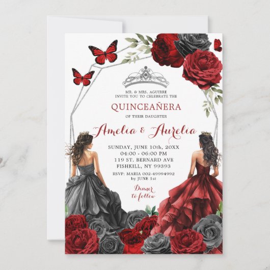 Twins Black and Red Burgundy Floral Quinceañera Einladung (Vorderseite)