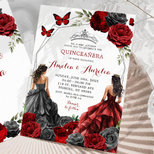 Twins Black and Red Burgundy Floral Quinceañera Einladung