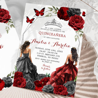 Twins Black and Red Burgundy Floral Quinceañera Einladung