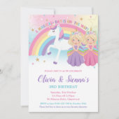 Twins Blonde Blue Eyes Princesses Unicorn Geburtst Einladung (Vorderseite)