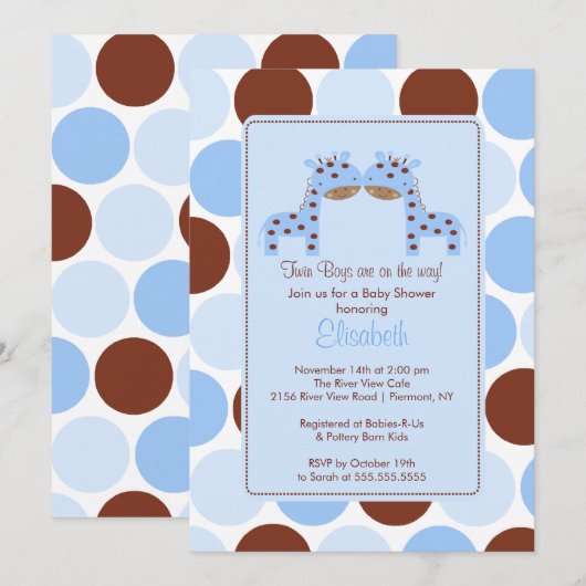 Twins Blue Giraffe Multiple Baby Dusche Einladung (Vorne/Hinten)