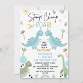 Twins Blue Green Party wie ein Dinosaurier Geburts Einladung (Vorderseite)