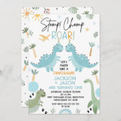 Twins Blue Green Party wie ein Dinosaurier Geburts Einladung (Vorne/Hinten)