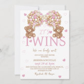 Twins Blush Pink Bear Girls Balloons Babydusche Einladung (Vorderseite)