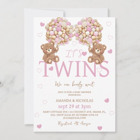 Twins Blush Pink Bear Girls Balloons Babydusche Einladung (Vorderseite)