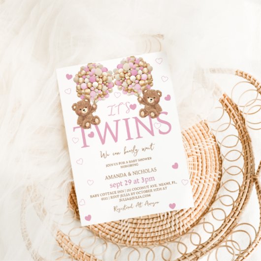 Twins Blush Pink Bear Girls Balloons Babydusche Einladung