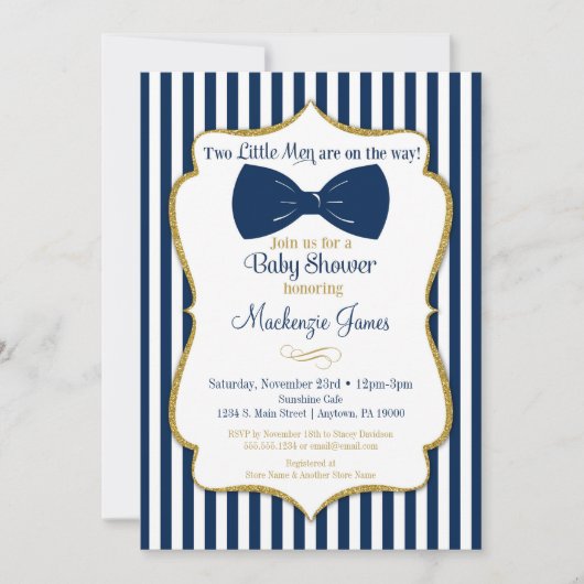 Twins Boy Baby Shower Einladung Blue Gold Bow Kraw (Vorderseite)