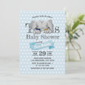 Twins Boy Elephant Blue Polka Dots Baby Dusche Einladung (Stehend Vorderseite)