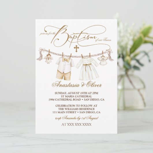 Twins Boy & Girl Baptisse Christening Boho Einladung (Stehend Vorderseite)