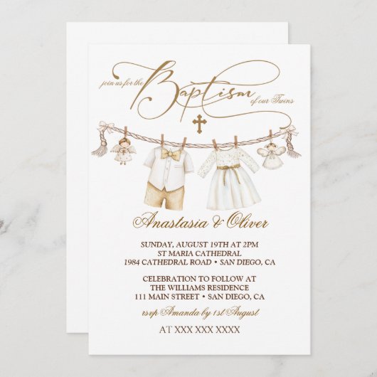 Twins Boy & Girl Baptisse Christening Boho Einladung (Vorne/Hinten)