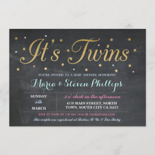 Twins Boy Girl Chalk Gold Baby Shower Einladung