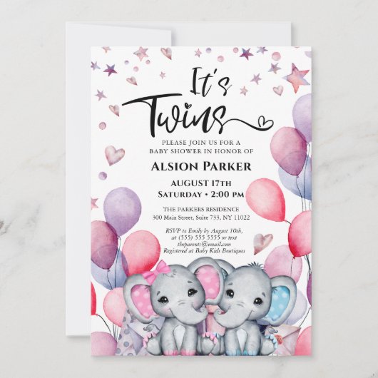 Twins Boy Girl Elephant Balloon Niedlich Baby Show Einladung (Vorderseite)