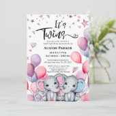 Twins Boy Girl Elephant Balloon Niedlich Baby Show Einladung (Stehend Vorderseite)
