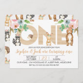 Twins Boy Girl Woodland Einladung zum 1. Geburtsta (Vorne/Hinten)