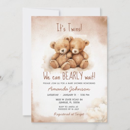 Twins Boys Brown Bear Baby Dusche Einladung (Vorderseite)