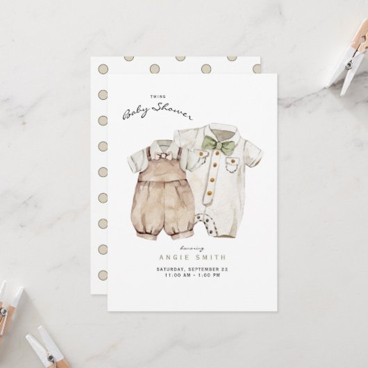 Twins Boys Niedlich Clothes Kinderdusche Einladung (Vorderseite/Rückseite Beispiel)