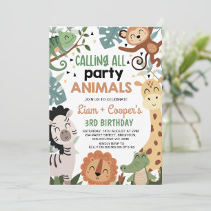 Twins Brown Green Calling Party Tiere Geburtstag Einladung