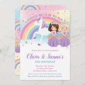 Twins Brunette Blonde Princesses Unicorn Birthday  Einladung (Vorne/Hinten)