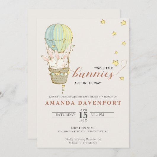TWINS Bunny Balloons Babydusche Einladung (Vorne/Hinten)