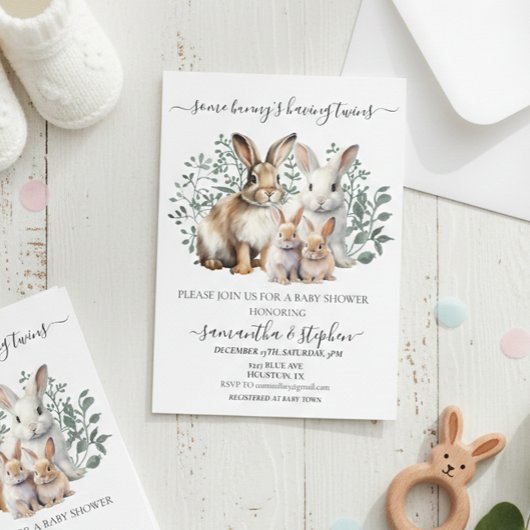 Twins Bunny Watercolor Paare Babydusche Einladung