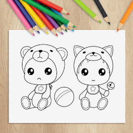 Twins Cat Bear Baby Jumpsuit Colour Page Gummistempel