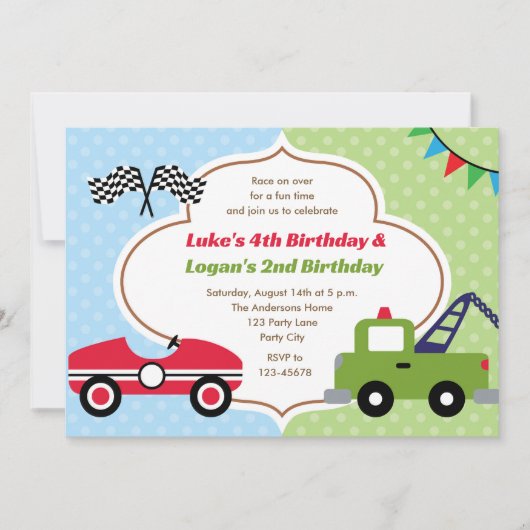 Twins Einladungen Boy Birthday Race Tow Truck (Vorderseite)