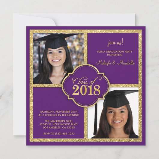 Twins Elegant Black & Lila Glitzer Class 2018 Einladung (Vorderseite)