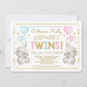 TWINS Elephant Baby Dusche Blue Pink Gold Einladun Einladung (Vorderseite)