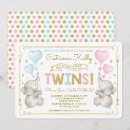 TWINS Elephant Baby Dusche Blue Pink Gold Einladun Einladung