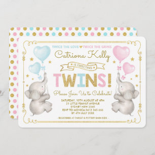 TWINS Elephant Baby Dusche Blue Pink Gold Einladun Einladung