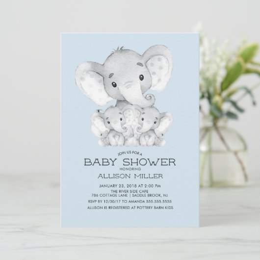 TWINS Elephant Baby Shower Einladung (Stehend Vorderseite)