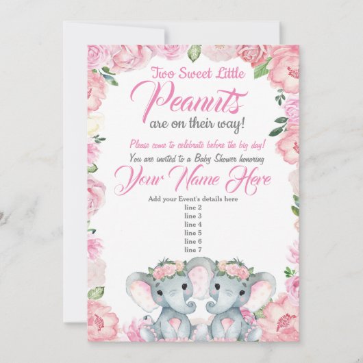 Twins Elephant Baby Shower Einladung Rose pink (Vorderseite)