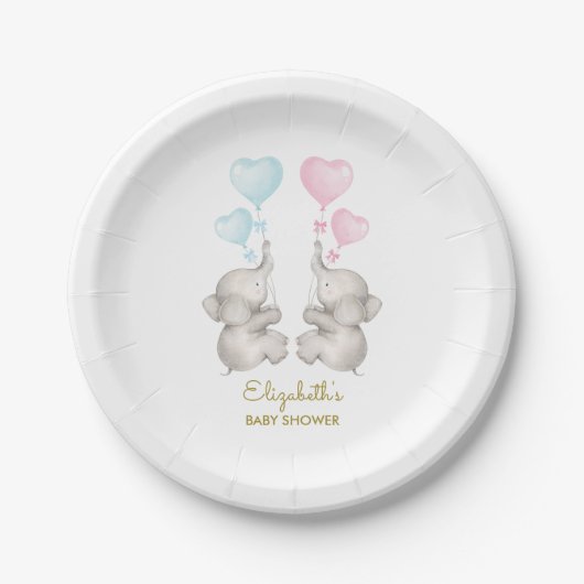 Twins Elephant Baby Shower Gender Reveal 7" Plate Pappteller (Vorderseite)