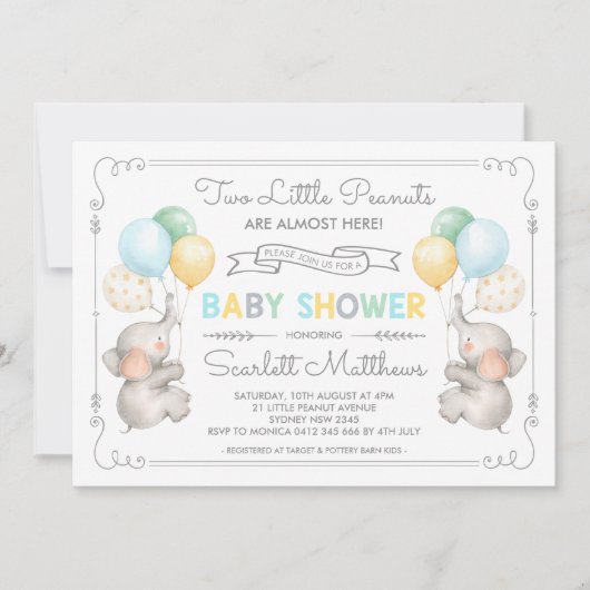 Twins Elephant Baby Shower Pastel Balloons laden e Einladung (Vorderseite)
