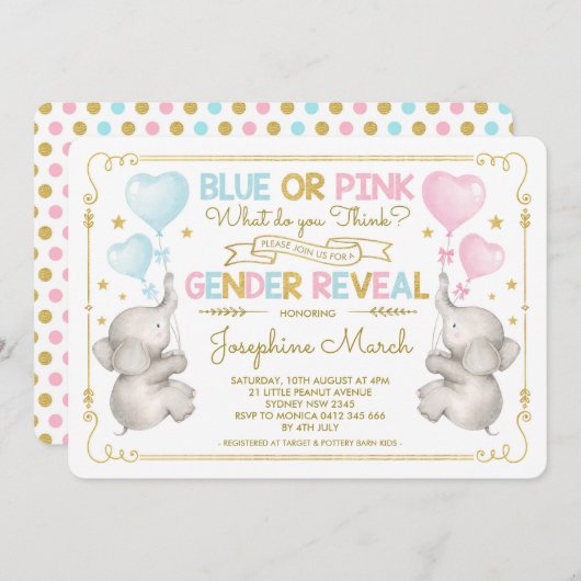 Twins Elephant Gender Reveal Blue Pink Gold Baby Einladung (Vorne/Hinten)