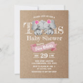 Twins Elephant Rustic Kraft Girl Baby Shower Einladung (Vorderseite)