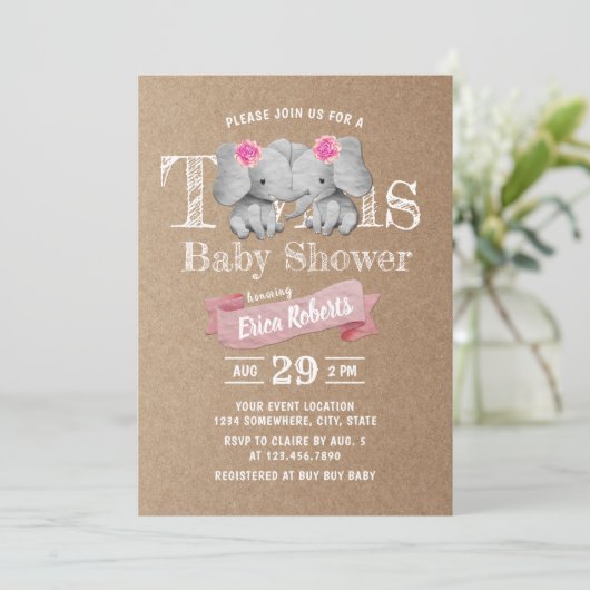 Twins Elephant Rustic Kraft Girl Baby Shower Einladung (Stehend Vorderseite)