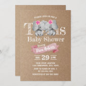 Twins Elephant Rustic Kraft Girl Baby Shower Einladung (Vorne/Hinten)