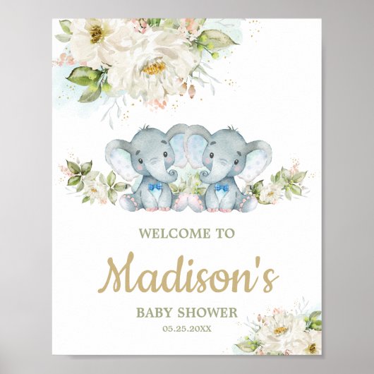 Twins Elephant Twin Boys Baby Dusche Begrüßungszei Poster (Vorne)