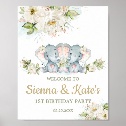 Twins Elephant Twin Girls 1. Geburtstag Willkommen Poster (Vorne)
