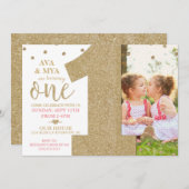 Twins erste Geburtstagsgolden & Rosa Einladung (Vorne/Hinten)