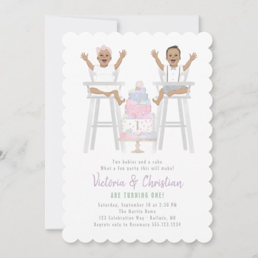 Twins erster Geburtstag Smash Cake Einladung (Vorderseite)