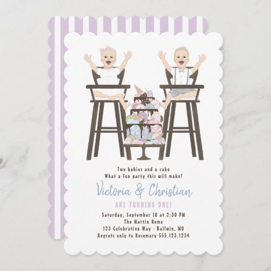 Twins erster Geburtstag Smash Cake Einladung (Vorne/Hinten)