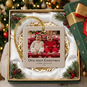 Twins Erstes Weihnachten Baby-Foto Beige Keramikornament