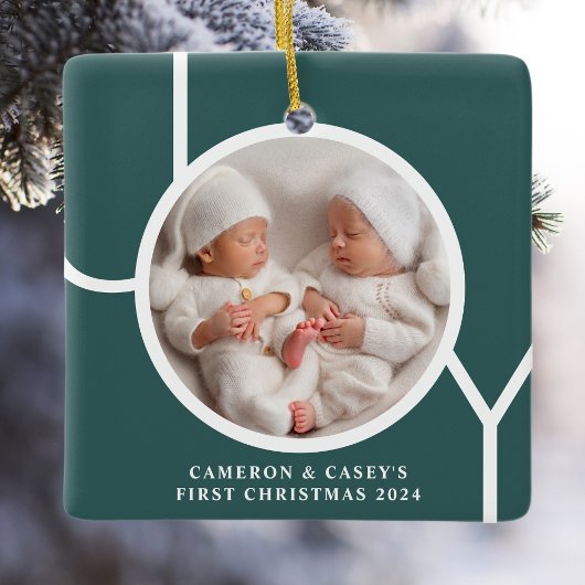 Twin's erstes Weihnachts Custom Foto Green Keramikornament